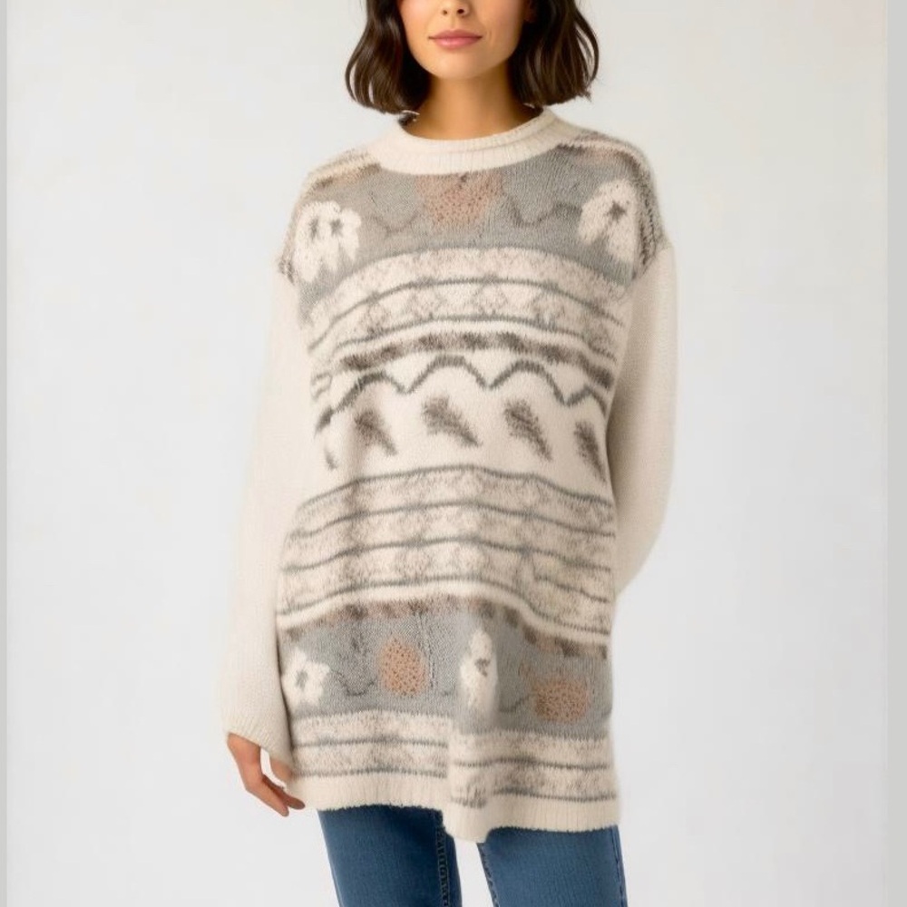 Vintage Hand Knit Sweater Cream & Pastels Nordic Pattern NWT Size Large